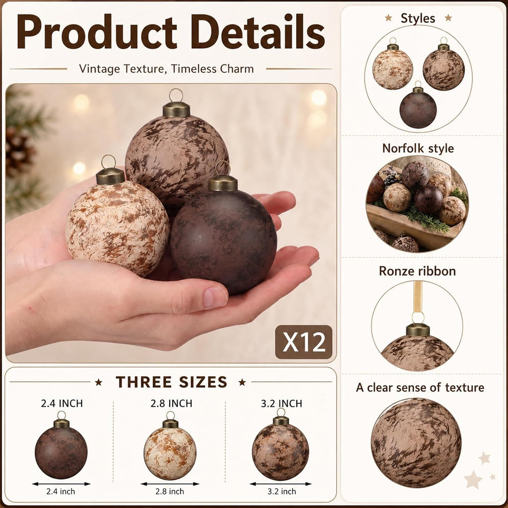 Yunlly 12 Pcs Textured Christmas Ornament 2.36'' Tree Decor,Chocolate
