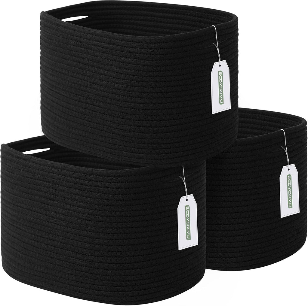 ECDYQXVU 15x10x9 Inch Woven Cotton Rope Storage Basket, Black, 3 Pack