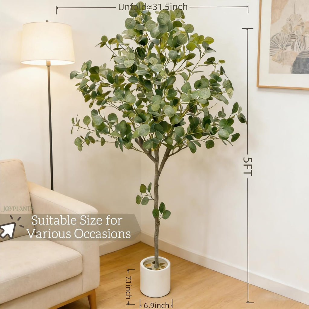 5FT Fake Eucalyptus Plant, Silk Artificial Tree with White Pot