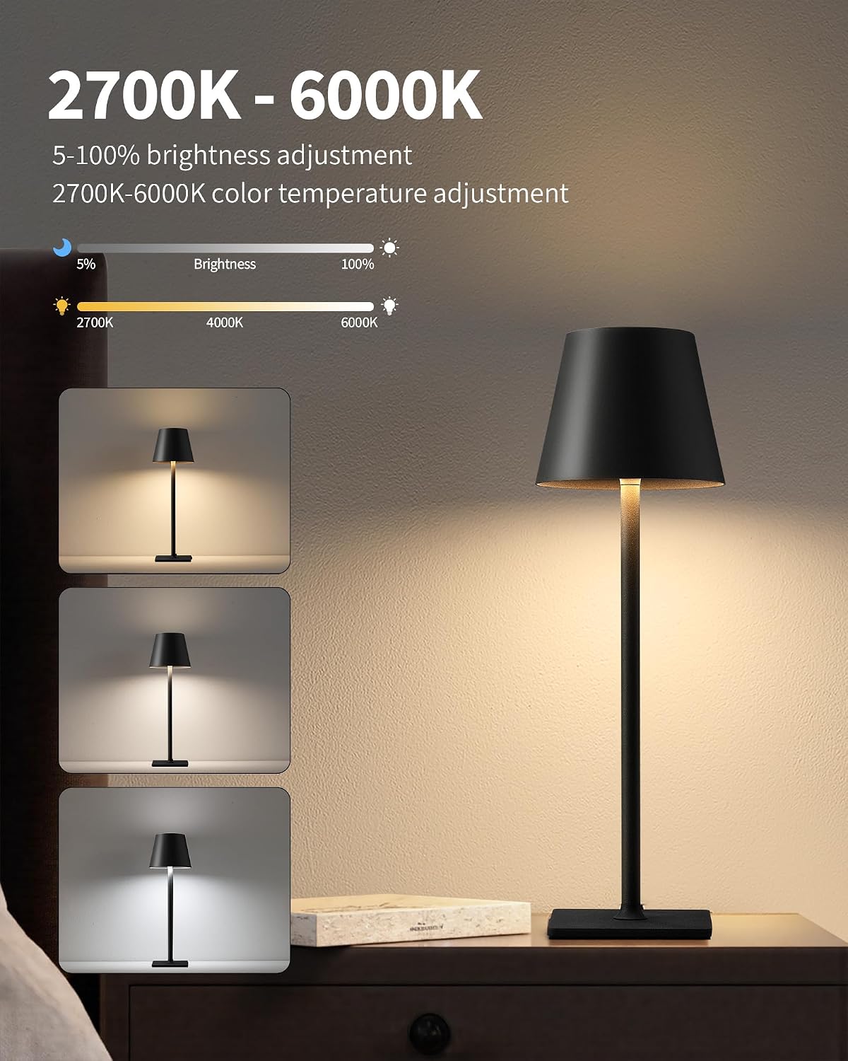 KDG 2 Pack Cordless Black Table Lamps, Rechargeable Portable LED Desk Lamps