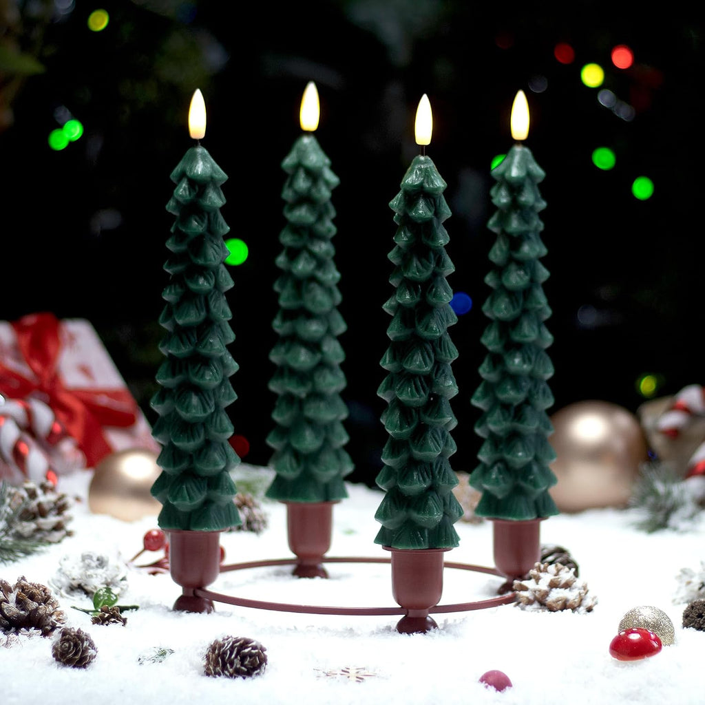 Stmarry 4 PCS Flameless Christmas Tree Candles with Remote Timer, Real Wax Flameless Taper Candles 9.65 Inch, LED Candlesticks with 3D Flickering Flame, Christmas Decor Candles Battery Operated