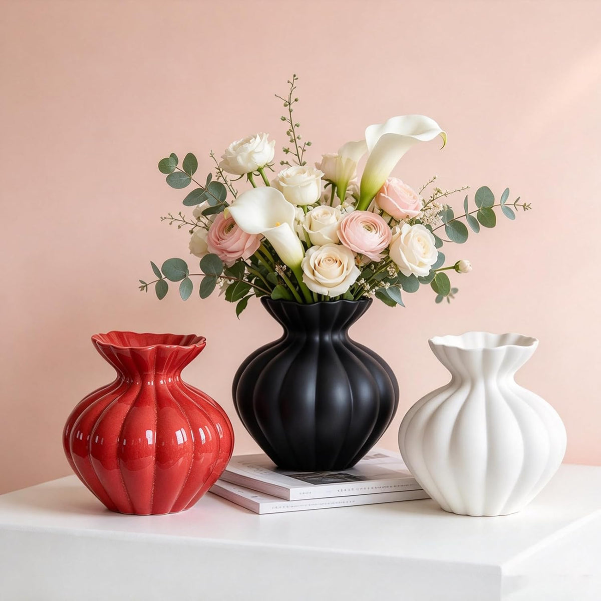 Ceramic Vase, Modern Boho Flower Vase for Home Decor, Unique Vase for Farmhouse Living Room Cabinet Table Centerpieces Wedding Decorations (Extra-Wide-Orange Red)