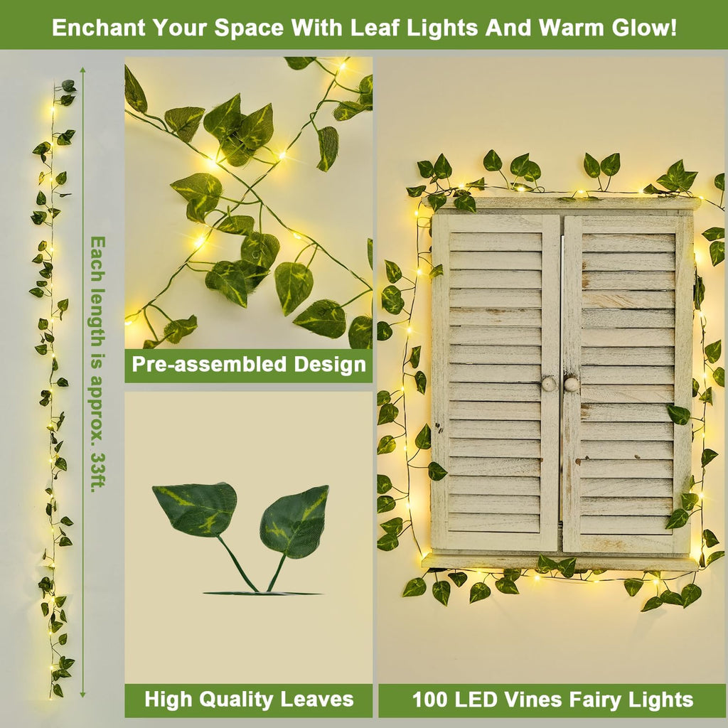 JMEXSUSS 33Ft Vines with Lights Battery Operated, 100 LED, Pothos
