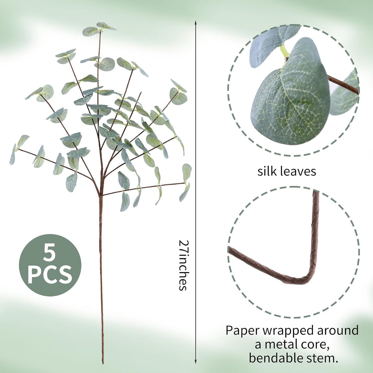 5Pcs Artificial Eucalyptus Stems Faux Greenery Silver Dollars Eucalyptus