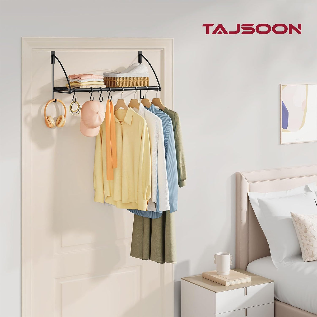 Tajsoon 24.2" Over the Door Hooks with Storage Rack, Over Door Hanger Black