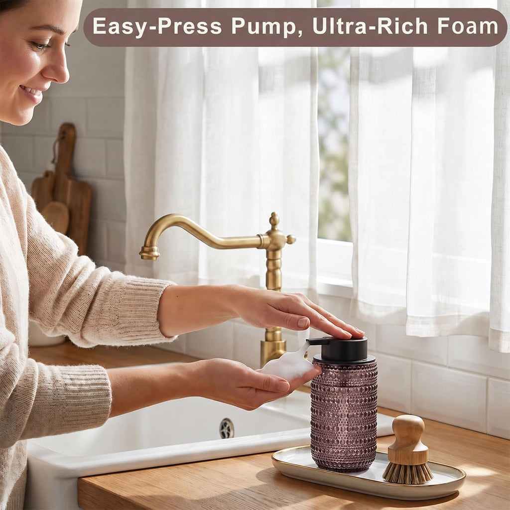 2 Pack Purple Glass Foaming Soap Dispenser, Vintage Foam Hand Soap Dispenser, 14 OZ Hobnail Texture Foam Dispenser with Black Pump for Bathroom, Kitchen, Refillable, Nordic Modern Farmhouse Decor