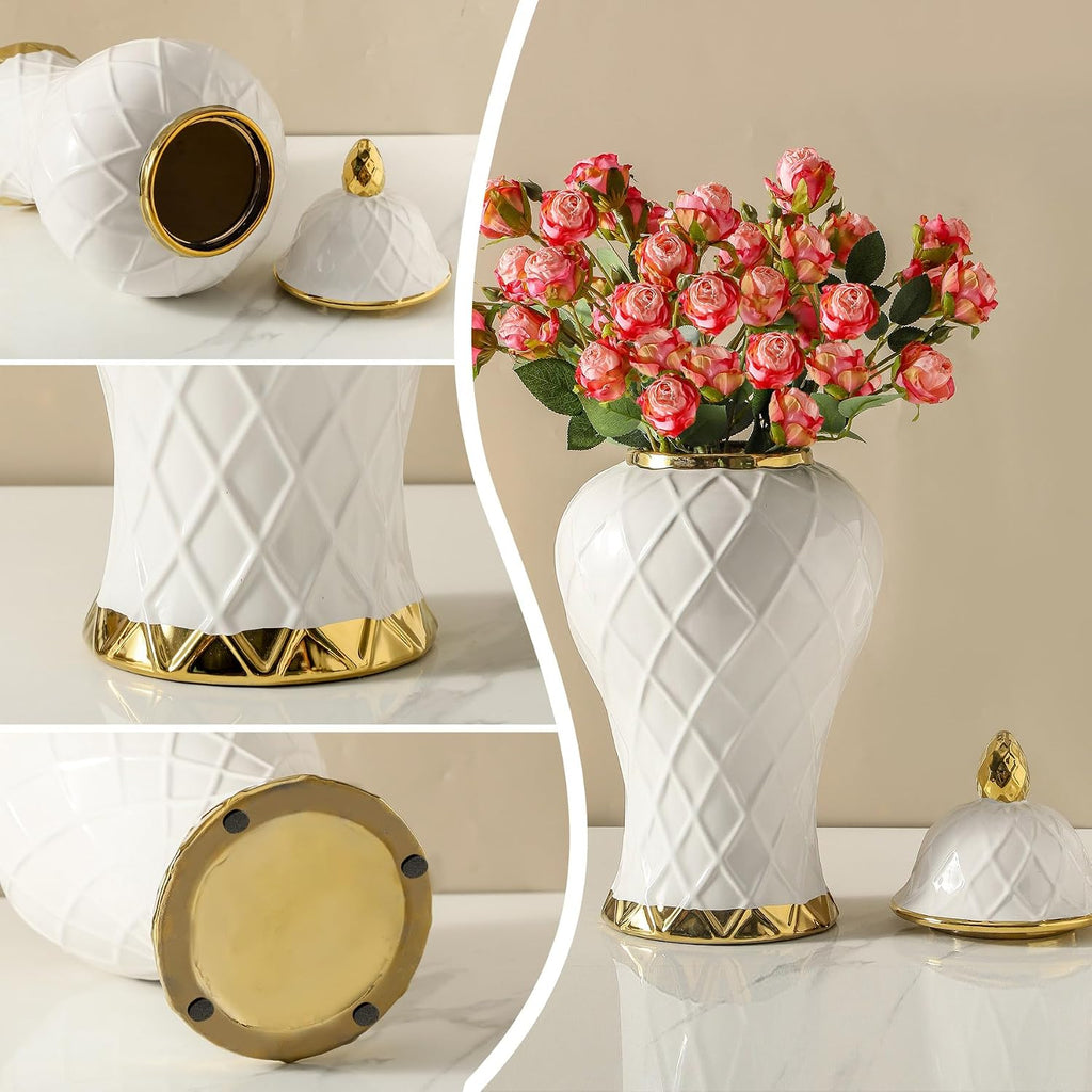 Ginger Jars for Home Decor, White and Gold Vase, Decorative Ceramic Ginger jar with lid, Porcelain Flower Vase for Centerpieces Jarrones, Storage jar, Table Center Vase, Temple Jar(18in)