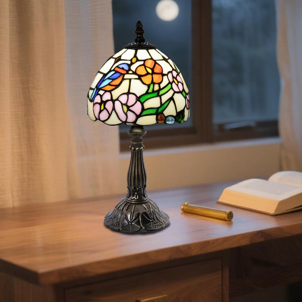 Small Tiffany Style 8 inch Bird Flower Stained Glass Table Lamp