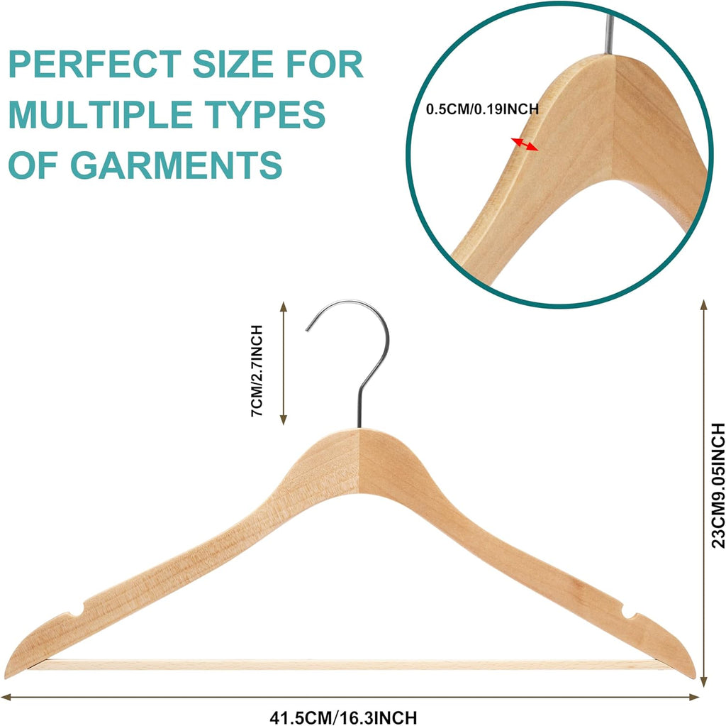 Quality Hangers 16.5" Wooden Hangers Multi Pack, Ultra Thin Space Saving Natural, 360 Degree Swivel Hook, Best for Shirts, Blouses, Pant, Suit, Coat, Dress Hangers Natural (20, Natural, With Pant Bar)
