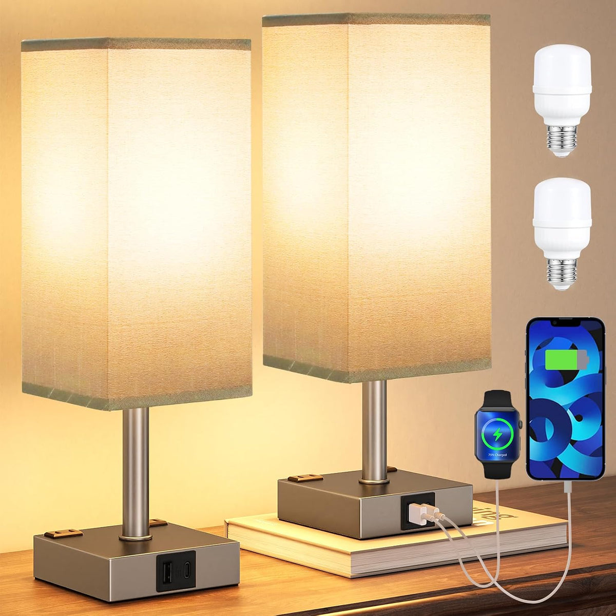 Grey Touch Lamps Set of 2 for Bedroom - Dimmable, USB C+A, 2 AC Outlets