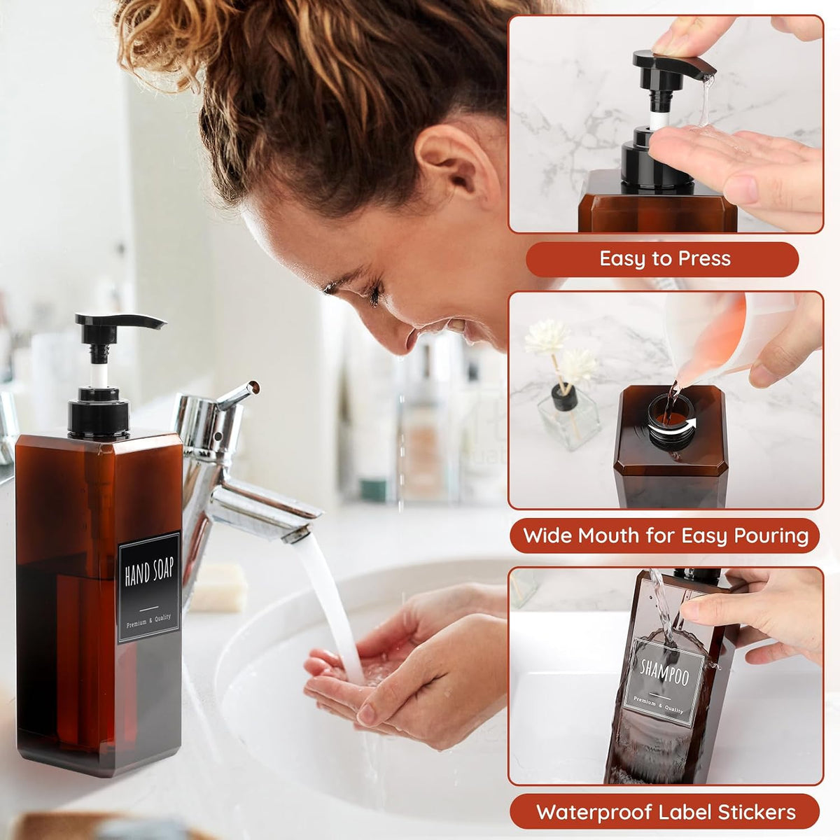 Segbeauty 33.8oz Amber Soap Dispenser Bathroom, 3pcs Plastic Soap Dispenser with Labels, Pump Bottles for Shampoo and Conditioner, 1000ml Large Square Lotion Pump Bottle Refillable Body Wash Container