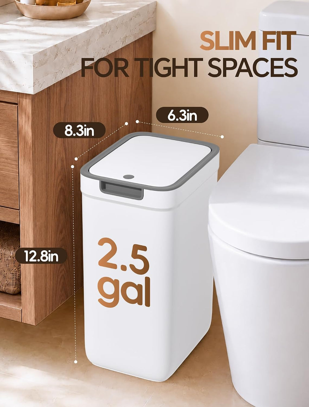 Small Bathroom Trash Can with Lid, Dog Proof, 2.5 Gal