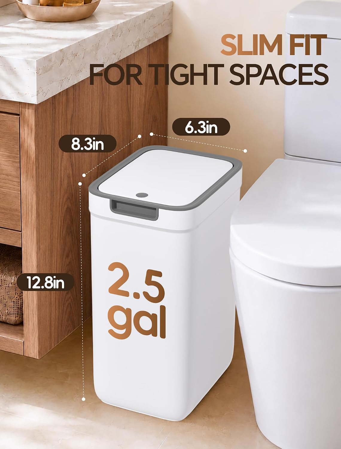 Small Bathroom Trash Can with Lid, Dog Proof, 2.5 Gal