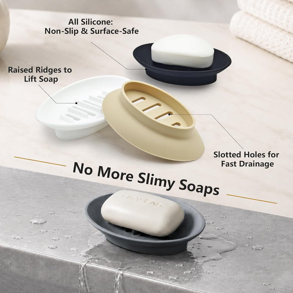 2 Pack Soap Bar Holder, Small Oval Silicone Soapdish Soap Tray for Shower/Bathroom Sink/Kitchen Counter/Bathtub, Non-Slip Central Raised Ridges Soap Stand Dish with Long Slotted Drain Holes