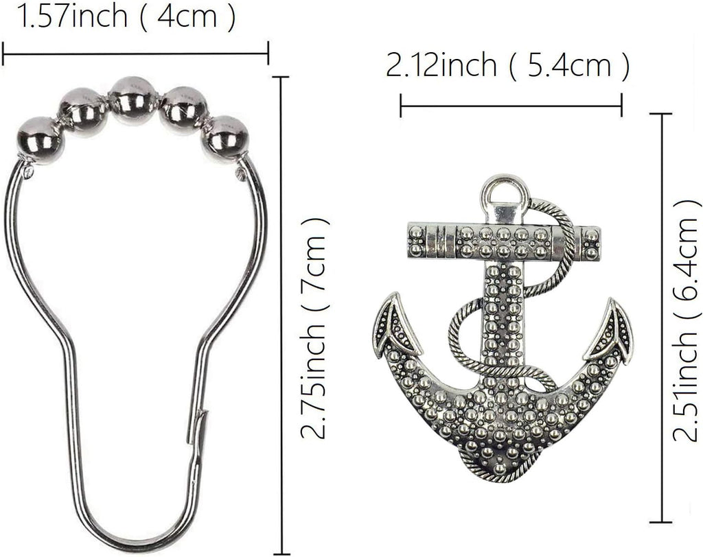 Set of 12 Anchor Shower Curtain Hooks Decorative Home Bathroom Nautical Ocean Boat Sailing Tropical Beach Island Coastal Bath Theme Style Stainless Steel Rustproof (Silver)