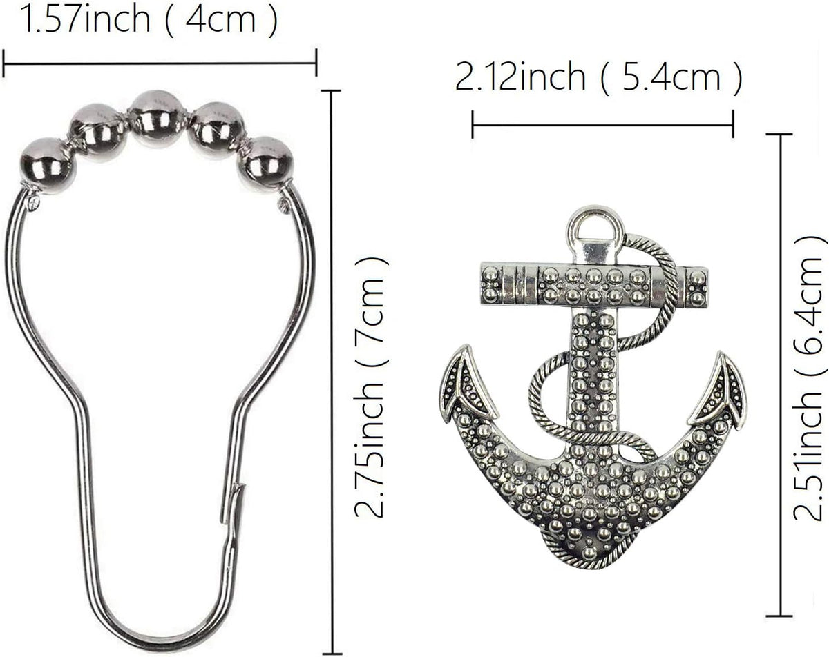 Set of 12 Anchor Shower Curtain Hooks Decorative Home Bathroom Nautical Ocean Boat Sailing Tropical Beach Island Coastal Bath Theme Style Stainless Steel Rustproof (Silver)