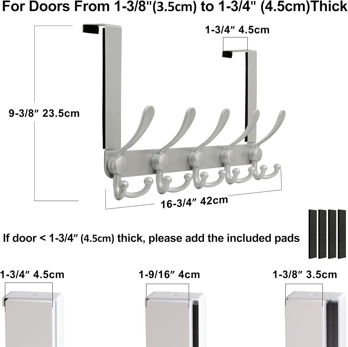 Dseap Over Door Hook 2.0 - Upgraded Version - Simple-Assembly, Strong, Heavy-Duty Stainless Steel 5-Tri-Hook Over The Door Hanger Rack, SimpleStrong Series, Silver