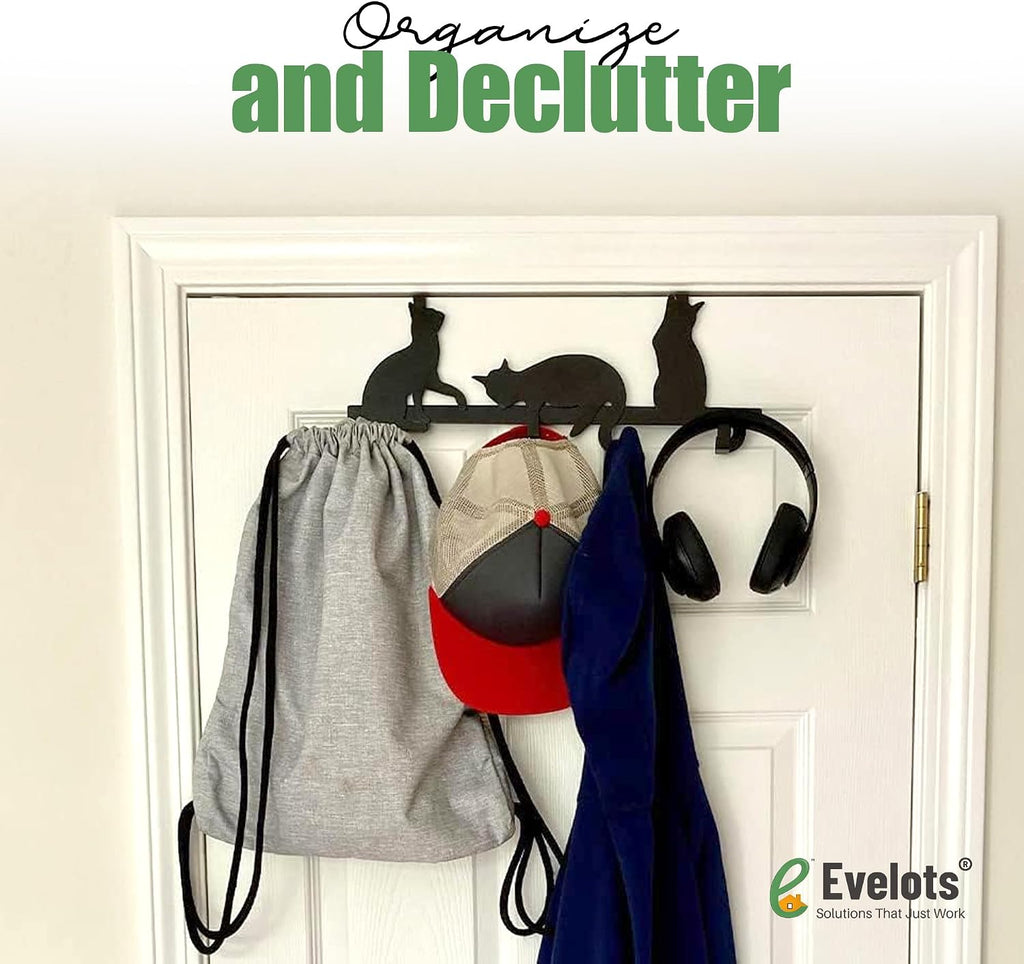Evelots Cat Over the Door Hook Rack, 4 Hooks for Coats, Towels & Bags