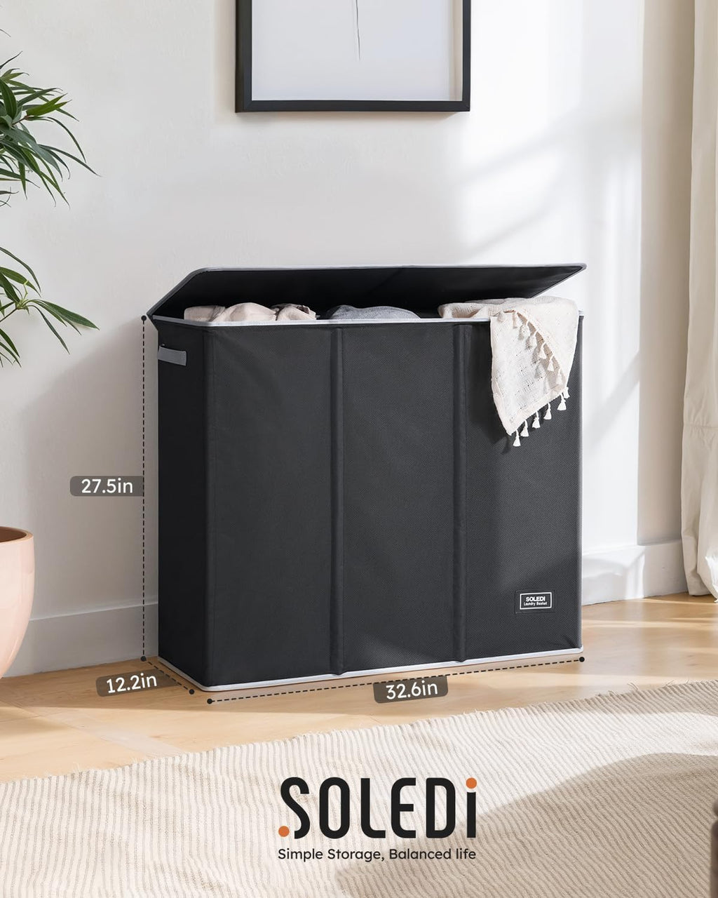 SOLEDI Large Laundry hamper 3 Section with Lid, 180L Laundry Basket, Black