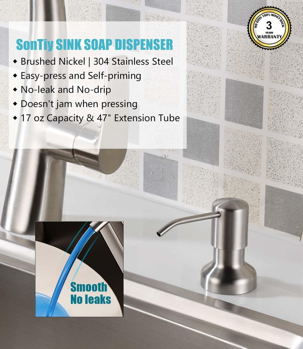 Soap Dispenser for Kitchen Sink, SonTiy Kitchen Dish Soap Dispenser Pump Brushed Stainless Steel Liquid Soap Dispenser with 47" No-Spill Extension Tube with Check Valve+17 OZ Bottle, Powerful Suction