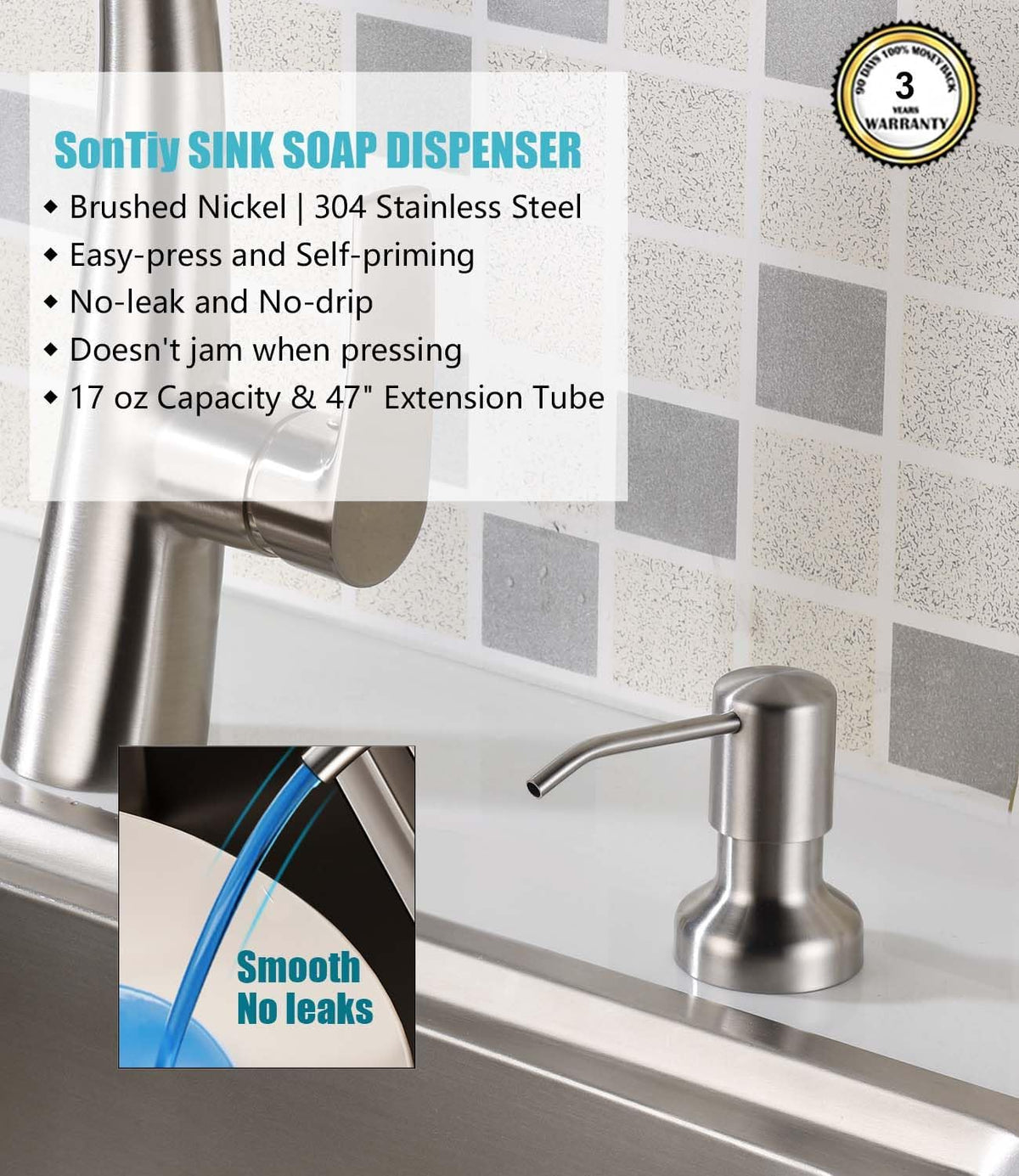 Soap Dispenser for Kitchen Sink, SonTiy Kitchen Dish Soap Dispenser Pump Brushed Stainless Steel Liquid Soap Dispenser with 47" No-Spill Extension Tube with Check Valve+17 OZ Bottle, Powerful Suction