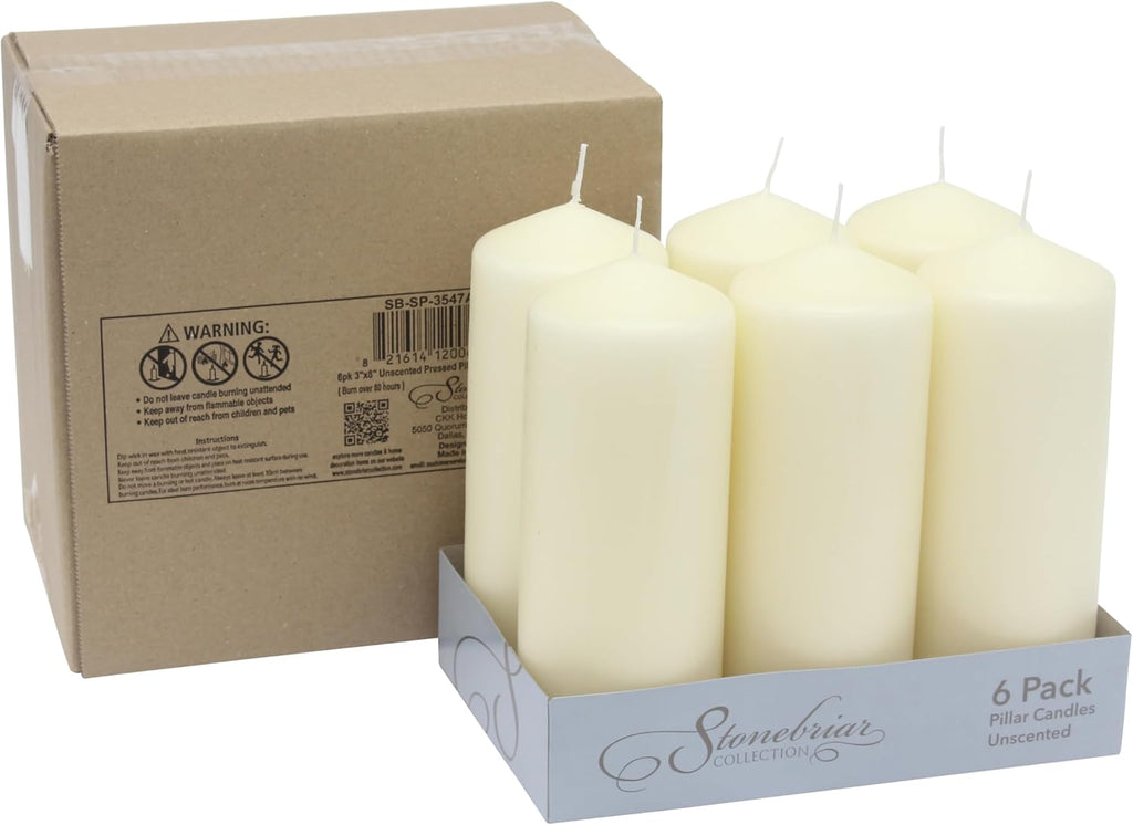 Stonebriar 80 Hour Long Burning Unscented Pillar Candles, 3x8, Ivory, 6 Count (Pack of 2)
