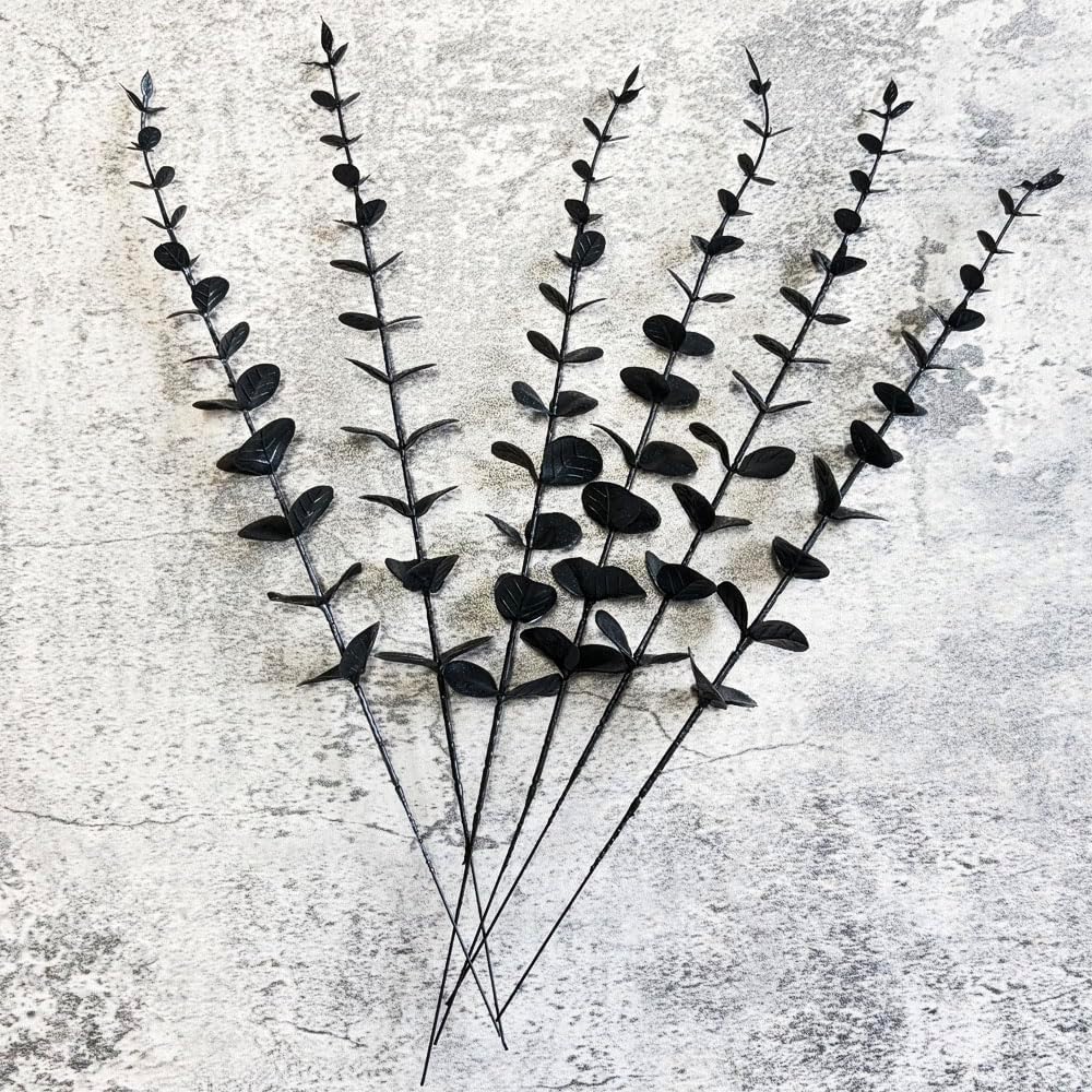 Sivya Artificial Eucalyptus Stems Real Touch Faux Eucalyptus Stems, Artificial Eucalyptus Leaves for Vase Wedding Bouquet Centerpiece Home Decor (Black, 6Pcs)
