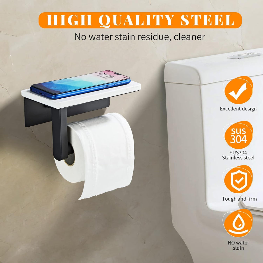 Matte Black Toilet Paper Holder with Marble-Look Shelf, Wall Mounted SUS304 Stainless Steel Toilet Roll Holder with Phone Storage