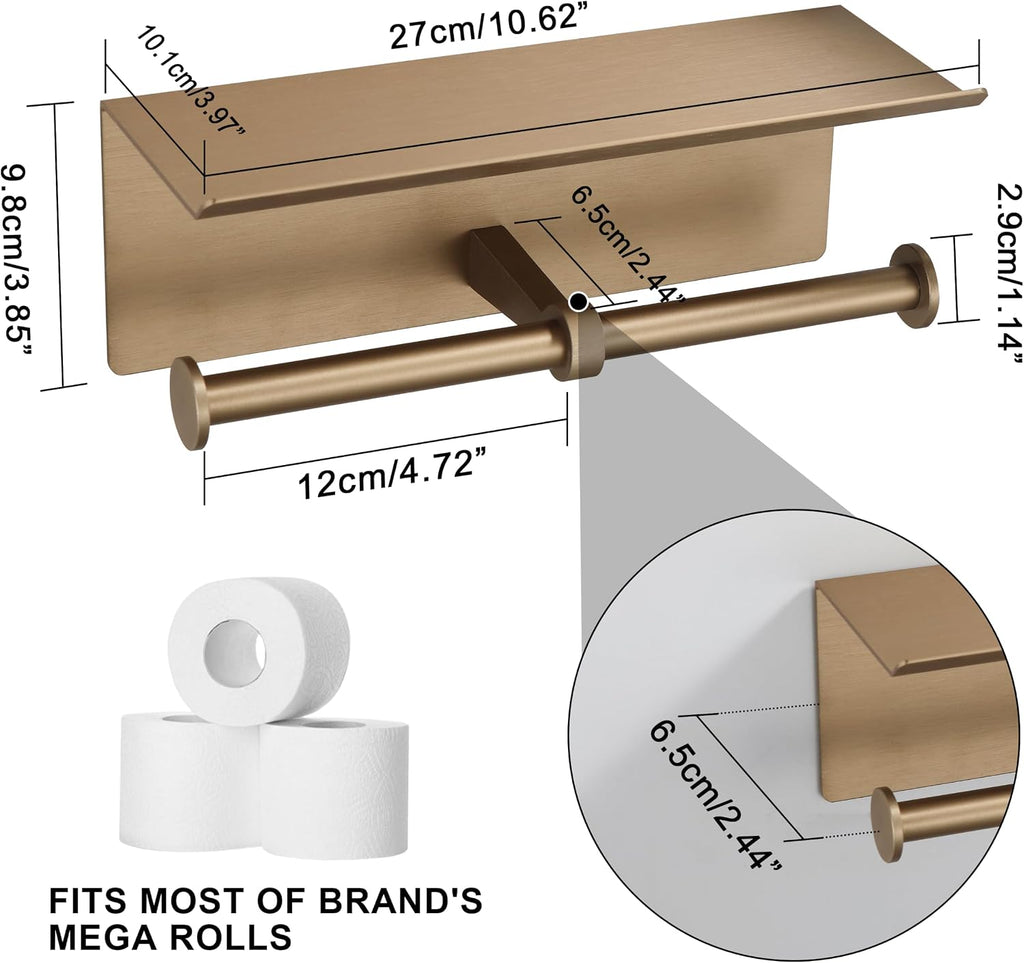 Double Toilet Paper Holder with Shelf Champagne Gold Wall Mount