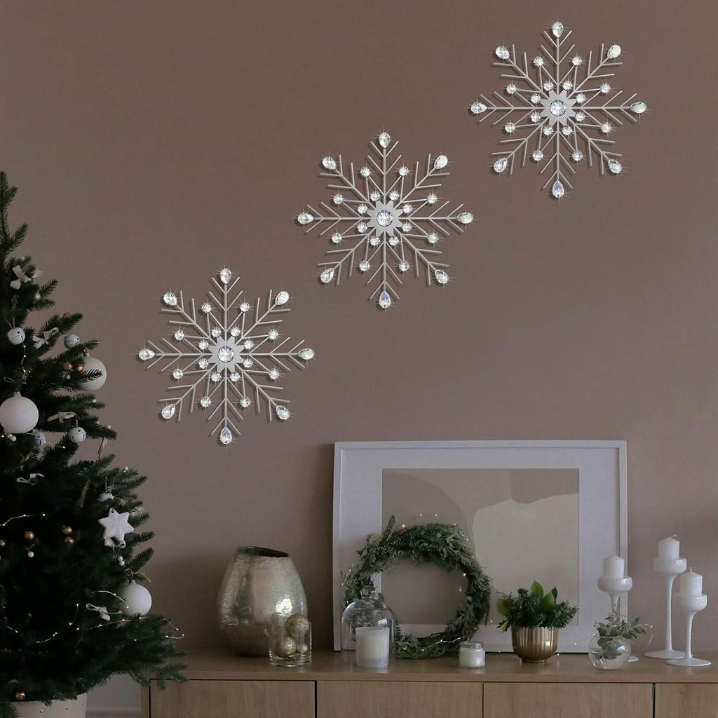 ZEXUIRU 3 Set Snowflake Wall Decor Living Room Bedroom Entryway Metal Bling, Crystal Rhinestone Starburst Sunburst Sparkling Wall Art Decor Silver Metal Christmas Decoration-Silver 13in