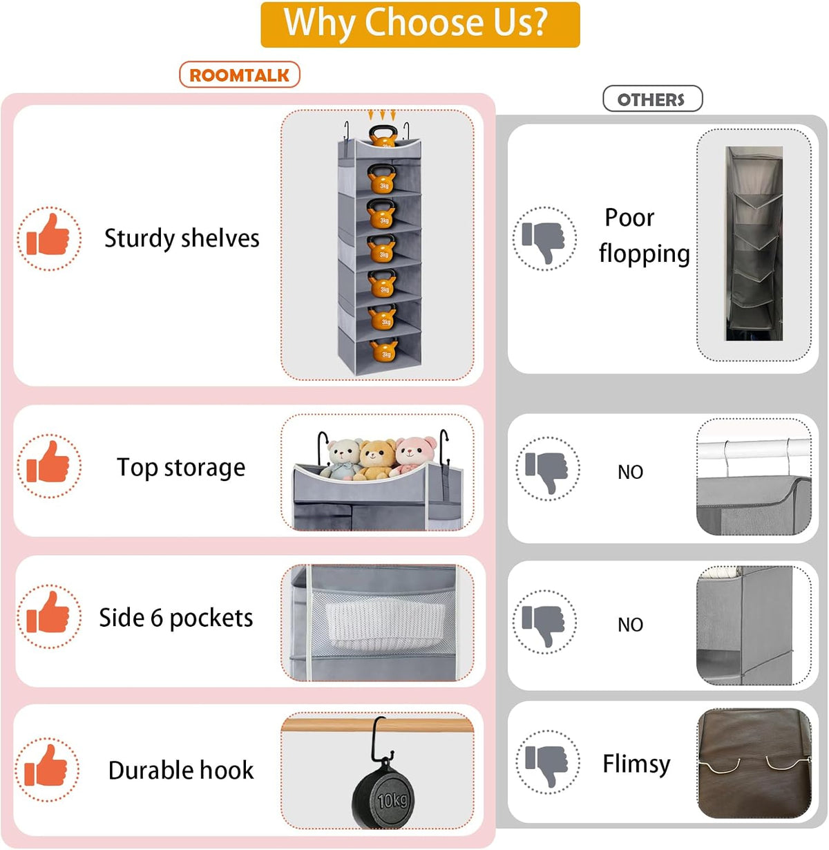 6-Shelf Hanging Closet Organizer and Storage with Side Pockets, Collapsible Closet Hanging Shelves for Storage, Grey