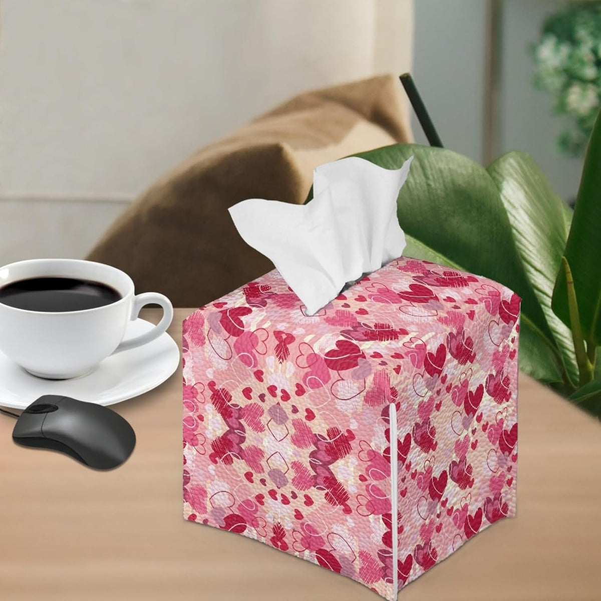 Happy Valentines Day Facial Tissue Box Cover PU Leather Square Tissue Case Dispenser 5.1"X5.1"X5.5" Organizer for Living Room Kitchen Bathroom Home Decor,Pink Love Heart