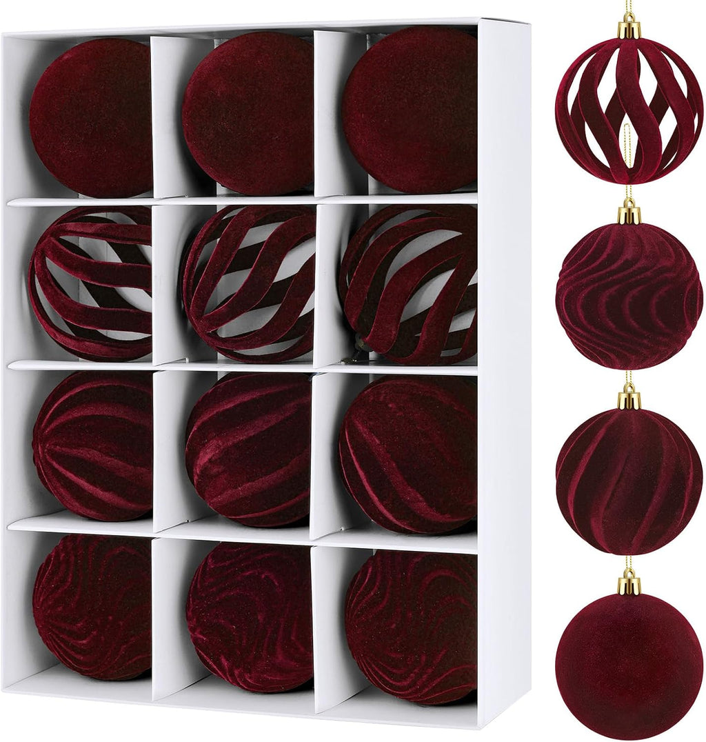 DERTE 12Pcs 3.15in Velvet Christmas Tree Balls Ornaments (Burgundy)