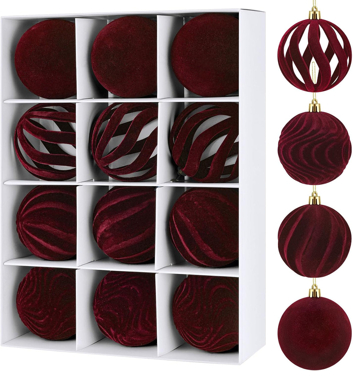 DERTE 12Pcs 3.15in Velvet Christmas Tree Balls Ornaments (Burgundy)