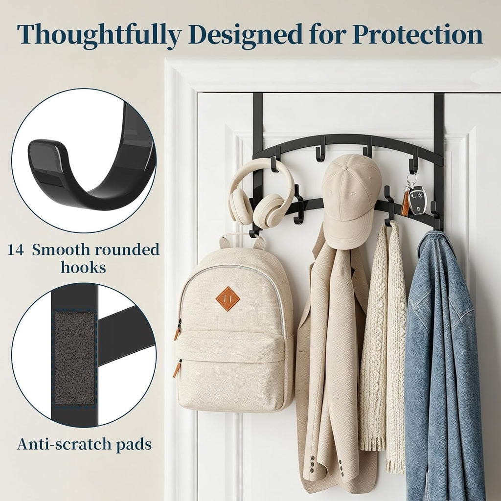 Consumest Over the Door Hooks Organizer - 2 Tier Door Hanger with 14 Hook Heavy Duty Stainless Steel for Towels, Coats, Jackets & Bags, Towel Rack for Bathroom Bedroom, Fits Up to 1.77" Doors, Black
