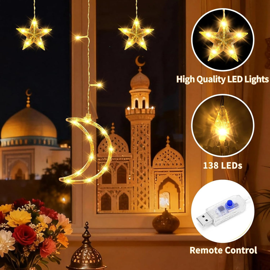 Dazzle Bright Ramadan Curtain String Lights, 138 LED Warm White Star Moon Fairy Lights 8 Lighting Modes with Remote and 12 Hooks for Bedroom Wall, Outdoor Party, Ramadan Decorations