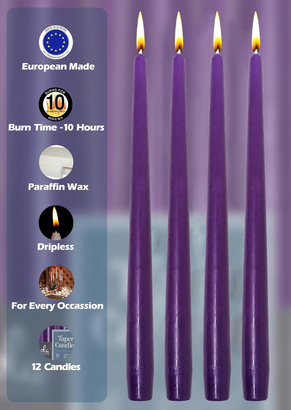 Hyoola Tall Taper Candles - 12 Inch Purple Unscented Dripless Taper Candles - 10 Hour Burn Time - 12 Pack