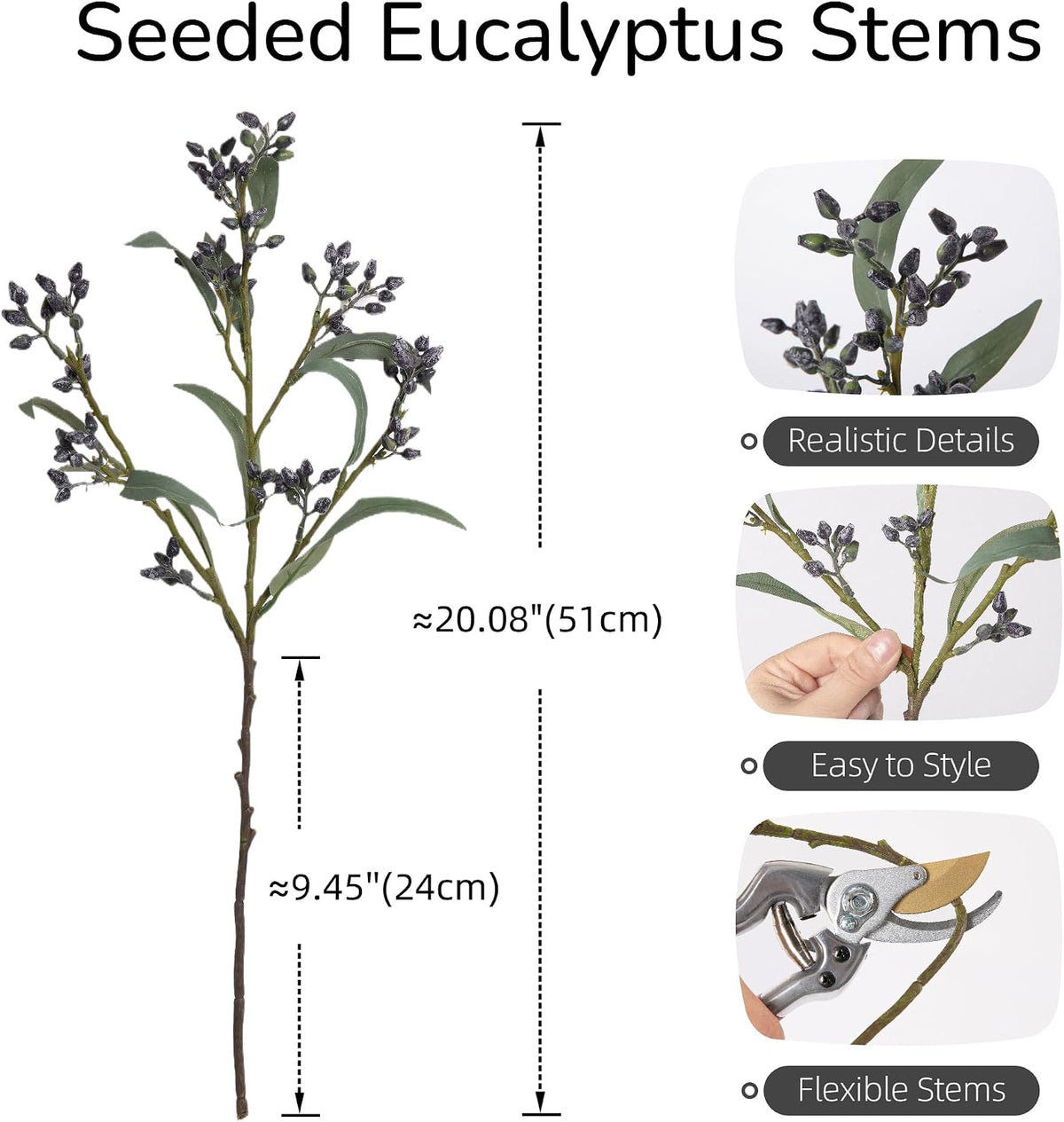 Faux Seeded Willow Eucalyptus Stems, 4Pcs Black Artificial Greenery