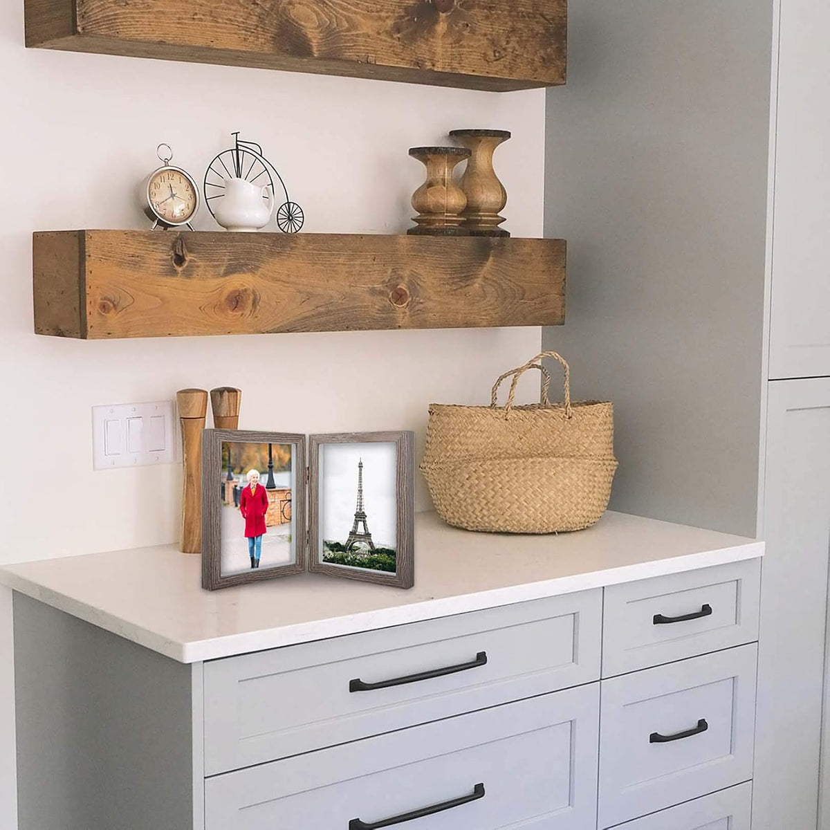 WUTL 5x7 Picture Frame Double Frame Shadow Box with Glass Front Wood Grey