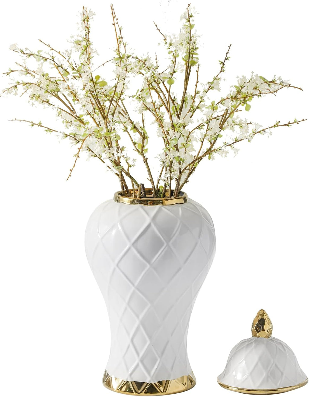 Ginger Jars for Home Decor, White and Gold Vase, Decorative Ceramic Ginger jar with lid, Porcelain Flower Vase for Centerpieces Jarrones, Storage jar, Table Center Vase, Temple Jar(12in)