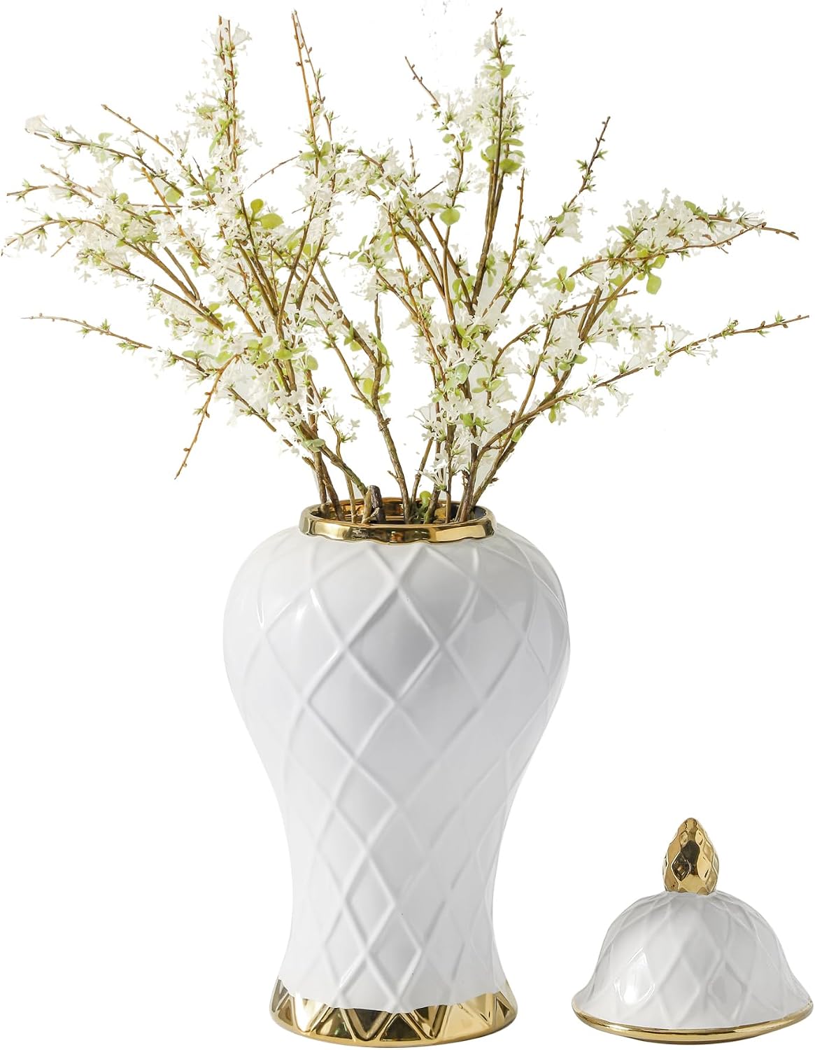 Ginger Jars for Home Decor, White and Gold Vase, Decorative Ceramic Ginger jar with lid, Porcelain Flower Vase for Centerpieces Jarrones, Storage jar, Table Center Vase, Temple Jar(12in)