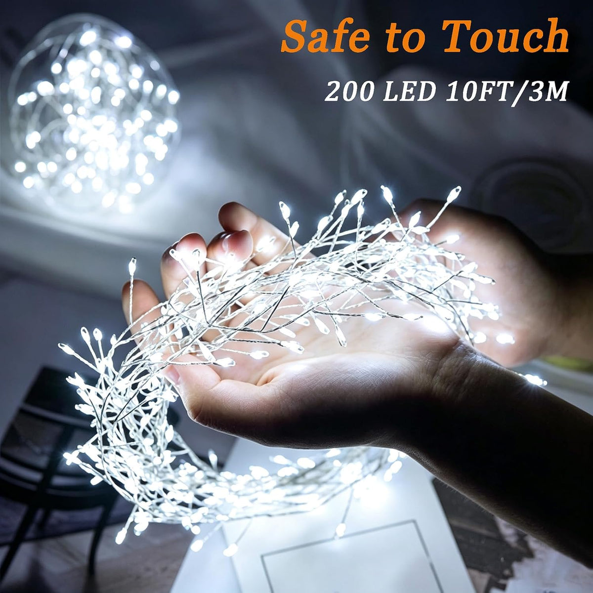 Fairy Lights Battery Operated with Timer Function, 10FT 200 LEDs Firecracker String Lights, Cool White Waterproof Silver Wire Cluster Lights for Bedroom, Wedding, Christmas, Party, Home Decor