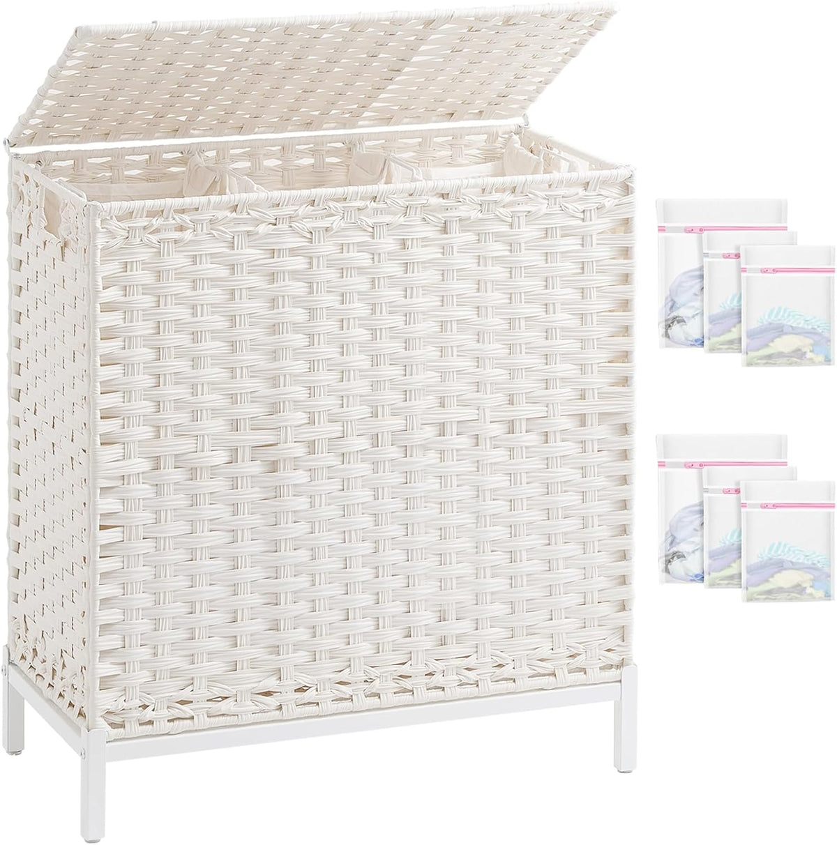SETVSON Laundry Hamper with Lid, Large 132L Rattan Basket, White