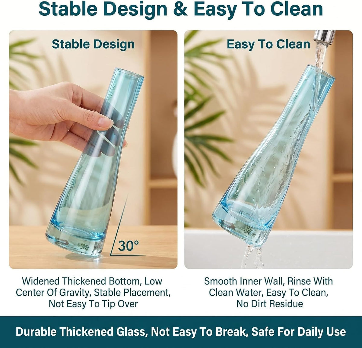 Hand-Made Blown Art Glass Single Bud Vase Clear Blue Single Stem Flower Container Small Vase for Home Office Décor