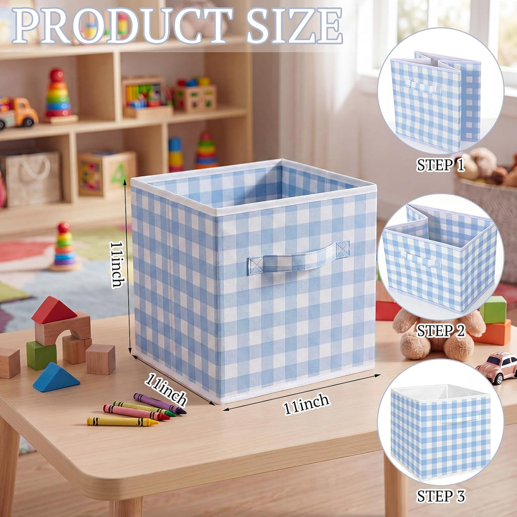 Yalikop 6 Pcs Blue Gingham Cube Storage Bins, 11 Inch Fabric Checkered Classroom Storage Bins Organizer with Handle Preppy Collapsible Cubby Basket for Classroom Home Nursery Playroom Bedroom