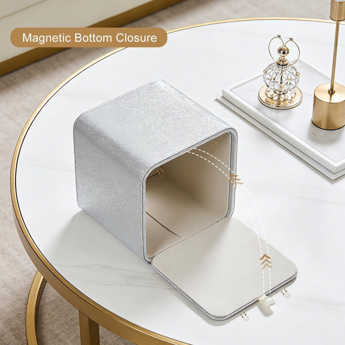 GORESE PU Leather Tissue Box Cover Square, Decorative Tissue Box Holder for Kleenexs, Tissue Cover for Vanity, Bathroom, and Office, Elegant Shimmer Cube Tissue Box (Silver)