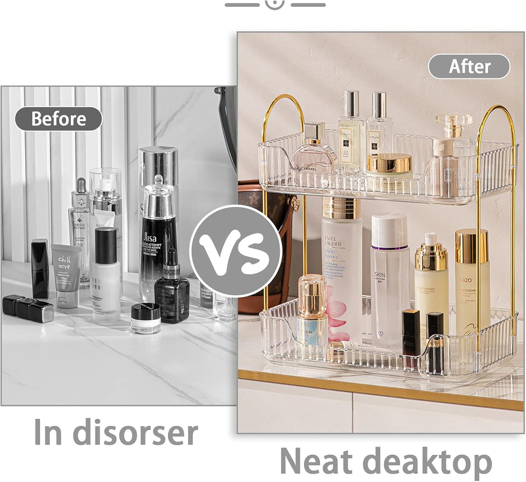 shuang qing 2 Tier Bathroom Counter Organizer Countertop Storage, Cosmetics Skincare Shelf Organizer, Makeup Organizer Perfume for Dresser Vanity Tray, Spice Rack Organizer for Kitchen - Clear