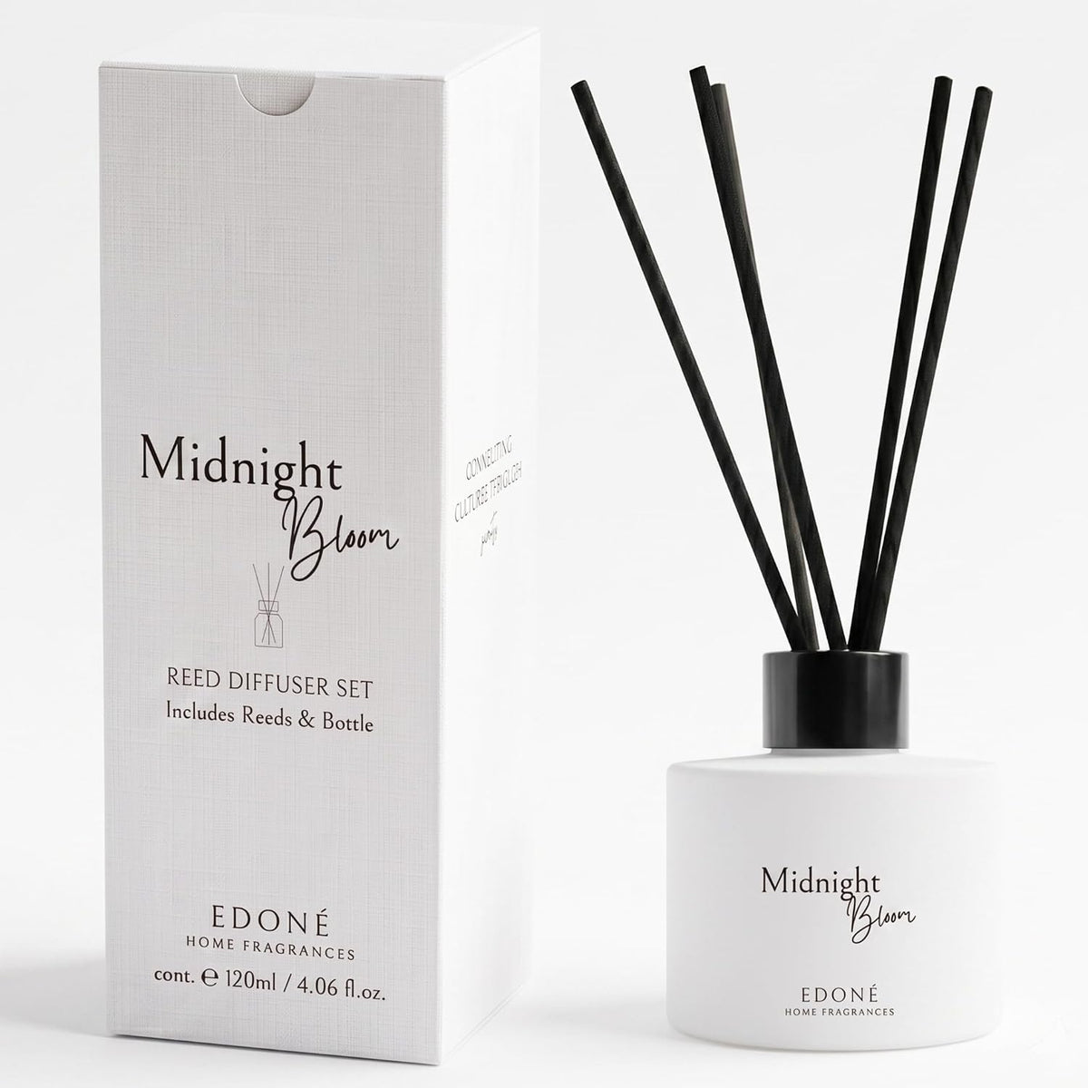 Midnight Bloom Reed Diffuser Set, Myrrh & Oud 120 ml (4 fl oz) with 6 Reeds, Designed in Rome, Long Lasting Flameless Home Fragrance, Italian & Indian Inspired