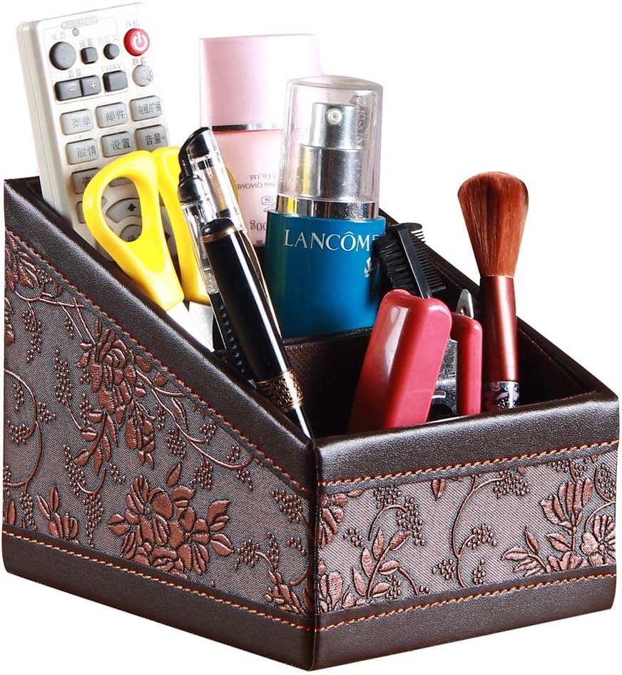Leather Remote Control Holder with 3 ladder-shaped grids Controller,Nightstand Remote Caddy,Desk Organizers,for Storage Pen,Calculator,Media,Mail,Mobile and Phone Etc(Antique)