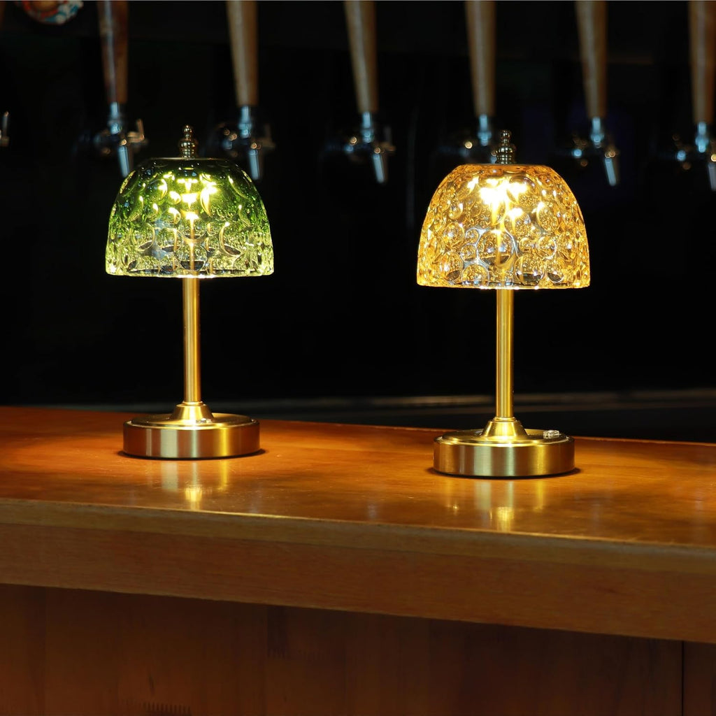 Cordless Rechargeable Table Lamp, Vintage Art Glass Shade, Dimmable, Green